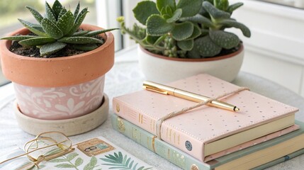 Cozy desk setup with succulents books and elegant writing tools