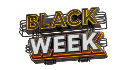 A black week promotional graphic with metal accents on black background