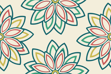 Abstract floral pattern with teal red and yellow geometric