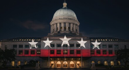 Arkansas State Capitol Building Illuminated at Night with Projected Stars and Flag Design