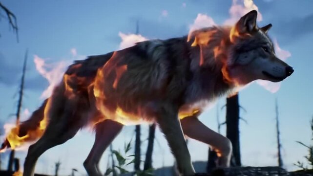 A digitally rendered wolf with flames engulfing its fur, walking through a desolate, burnt forest scene.