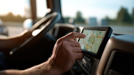 Driving truck with GPS navigation system, hand interacts with touchscreen to find directions. scene captures essence of modern transportation and navigation technology