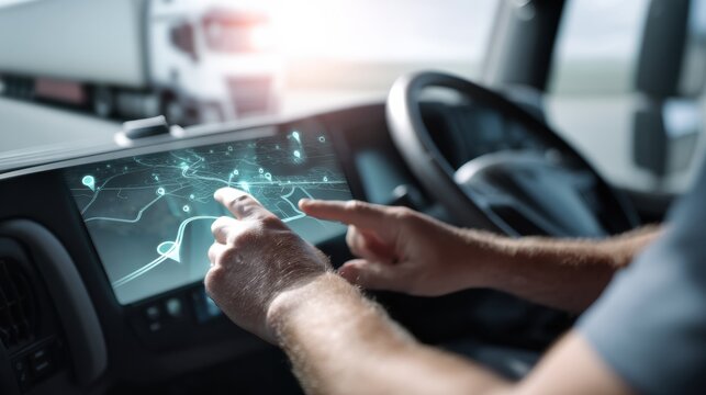 Close up shot of truck driver using digital touchscreen display, navigating route with map interface. scene conveys focus and modern technology in transportation