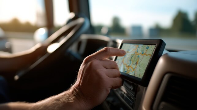 Driving truck with GPS navigation system, hand interacts with touchscreen to find directions. scene captures essence of modern transportation and navigation technology