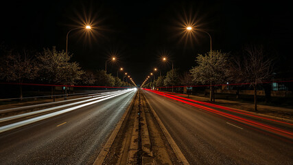 Light trails illuminating empty night road with street lamps and trees