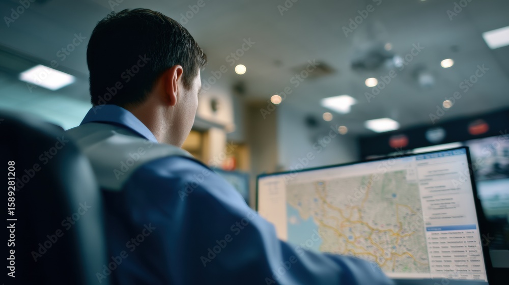 Poster focused individual analyzes data on computer screen, showcasing detailed map interface in modern off