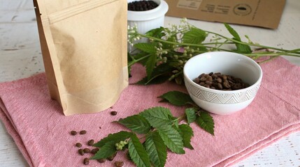 Freshly roasted coffee beans with greenery and packaging on a pink cloth