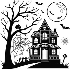 Haunted Halloween house line art silhouette vector illustration 