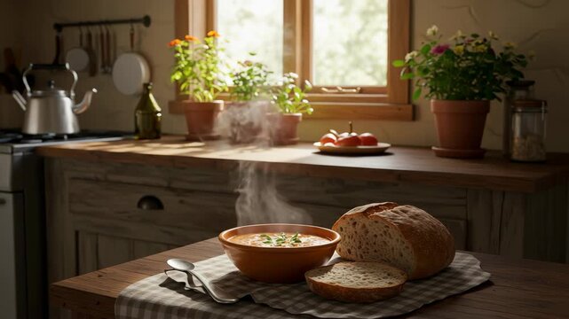 Steaming Bowl of Soup and Sliced Bread on Wooden Table in Rustic Kitchen with Sunlight Through Window and Potted Herbs in Warm Interior Setting
