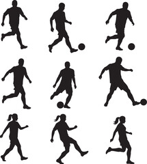 Soccer Players Male Female Dribbling Kicking Silhouette Vector Set
