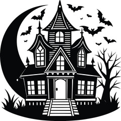 Haunted Halloween house line art silhouette vector illustration 