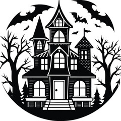 Haunted Halloween house line art silhouette vector illustration 