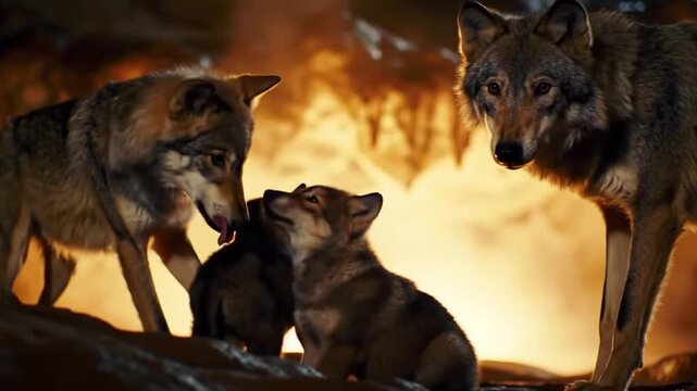 A wolf family, including two adults and a pup, interacting closely in a warm, natural setting.