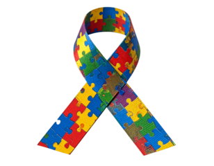 Classic Multicolored Puzzle Ribbon for Autism Awareness, Upright Loop Shape, Isolated on White