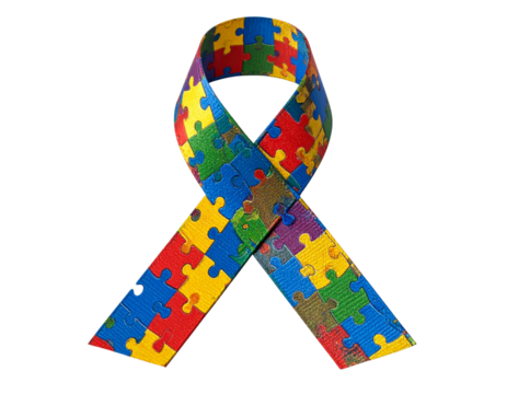 Classic Multicolored Puzzle Ribbon for Autism Awareness, Upright Loop Shape, Isolated on White - Powered by Adobe