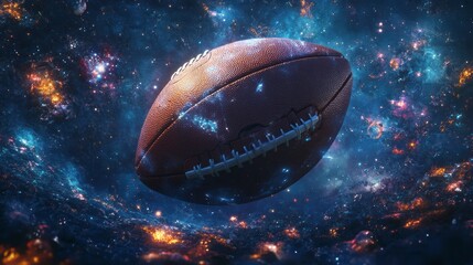 American football floating in a vibrant nebula.