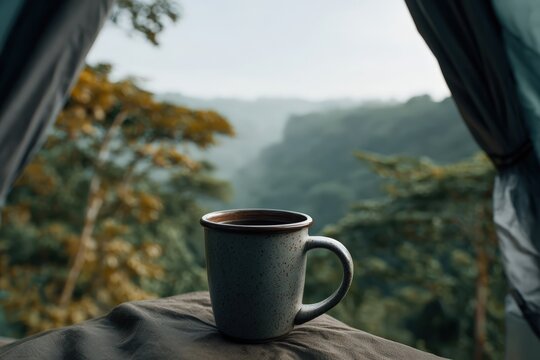 Morning coffee with a mountain view from tent