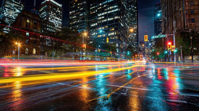 A busy urban intersection at night filled with colorful light trails from moving vehicles, skyscrapers glowing in the background, traffic lights casting reflections on wet asphalt,