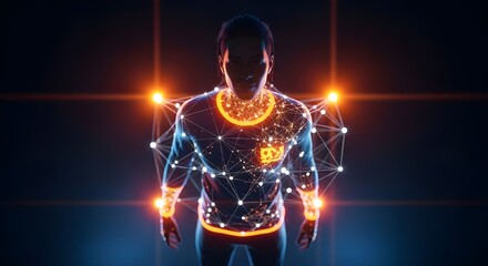 3D Render of Digital Human Figure with Glowing Data Network and Orange Light Effects