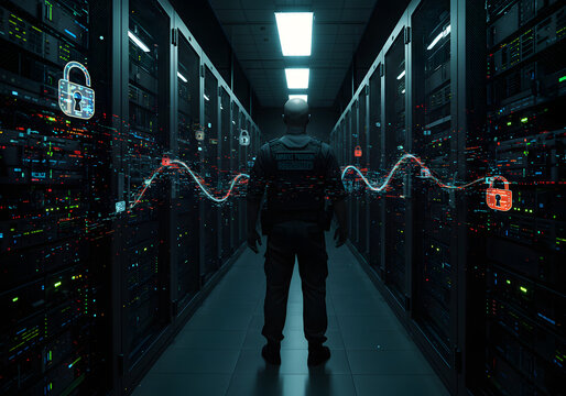 Security guard in server room cybersecurity concept