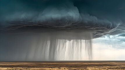 Powerful storm clouds unleashing torrential rain over a vast, dry plain.  Dark, dramatic clouds dominate the sky, with intense rain falling vertically.  Flat, arid landscape below absorbs the downpour