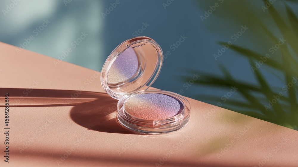 Poster a shimmering purple eyeshadow compact with a clear lid is displayed on a peach surface with a blurre