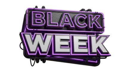 A black week sign with purple neon lights on a black background view
