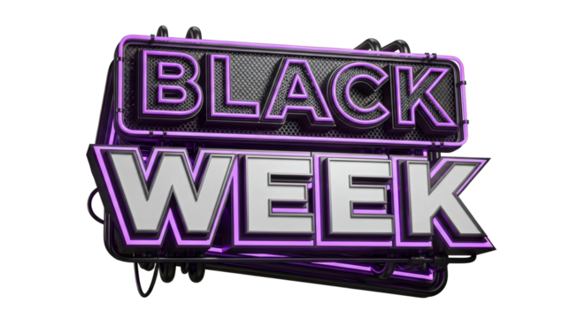 A black week sign with purple neon lights on a black background view