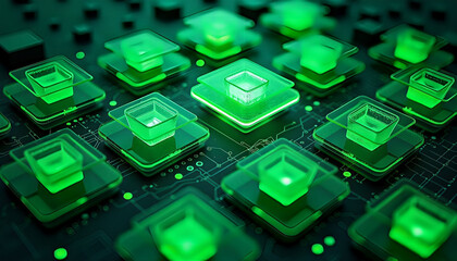 Fototapeta premium Futuristic Green Circuit Board with Glowing Microchips