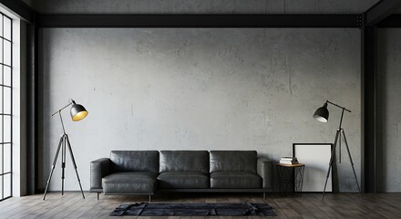 Modern, minimalist living room interior with dark gray couch and exposed concrete walls.