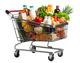  Full Supermarket Shopping Cart Overflowing with Groceries, Front View, Transparent Background