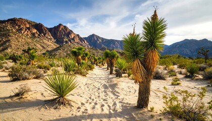 Desert landscape with yucca plants and mountain backdrop