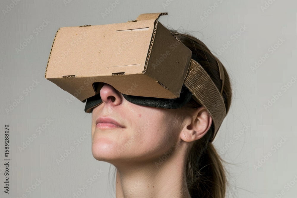Poster woman using virtual reality headset is exploring augmented reality, enjoying 3d simulation and gamin