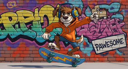 A cool cartoon dog with headphones rides a skateboard against a graffiti brick wall background, showcasing urban youth culture.