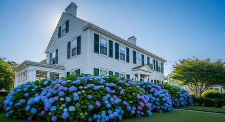 A private house in Newport, RI with blooming hydrangeas in front of it. 