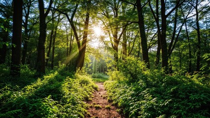 Fototapeta premium Sunlight Filtering Through Lush Green Trees, Scenic Pathway