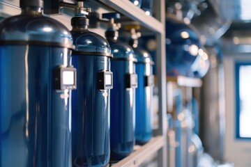 Blue water filters working in factory, purifying and cleaning water for industrial processes