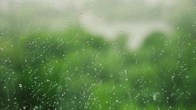 Close-up of rain droplets on a glass window, showcasing blurred green foliage outside, creating a tranquil and refreshing ambiance