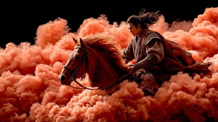 Fierce warrior riding a horse through vibrant red smoke in a dramatic display of strength and power