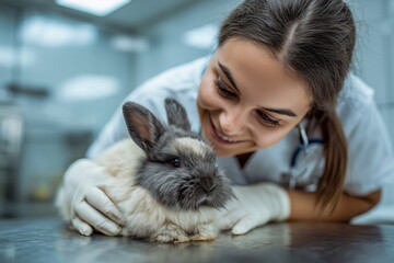 Veterinarian examines a small exotic rabbit in a well-lit veterinary clinic focused on animal care and health