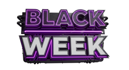 Black week text with purple neon outline against a black background