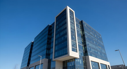 Obraz premium A modern office building with reflective glass windows against a clear blue sky day