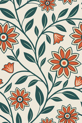 Fototapeta premium Orange floral vines with green leaves pattern seamless