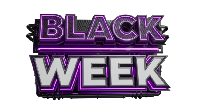 Black week text with purple neon outline against a black background
