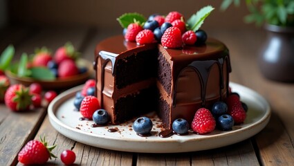 Decadent Chocolate Drip Cake with Fresh Berries – Gourmet Dessert on Rustic Wooden Table