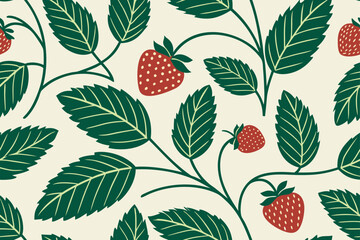 Red strawberries and green leaves pattern strawberry