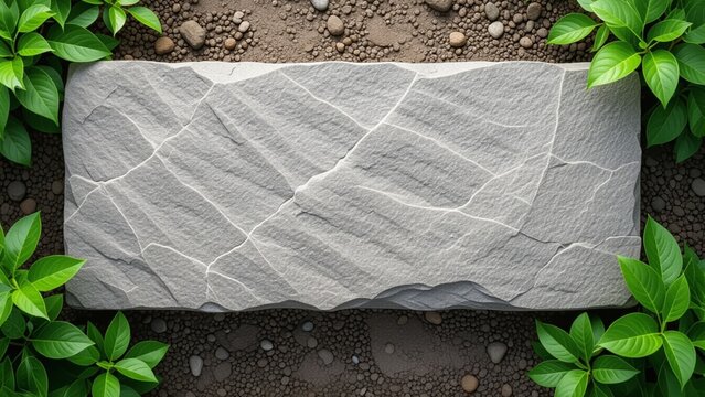 Cracked, rectangular stone slab, gray, surrounded by vibrant green plants on brown soil, top-down view, bright, natural light, serene, organic texture.