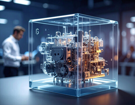A highly detailed, intricate engine is encased within a transparent cube, prominently displayed in a sophisticated, dimly lit laboratory setting with a blurred technician in the background. This image