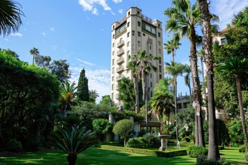 Fototapeta premium The historic castle green hotel stands tall amidst a beautifully landscaped garden, showcasing its unique architecture and tranquil setting