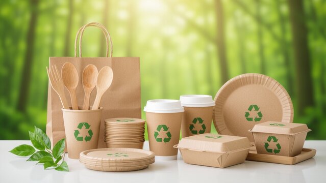 Eco-friendly disposable tableware, including cups, plates, and cutlery, arranged on a white surface against a blurred green forest backdrop, bathed in soft, warm light.
